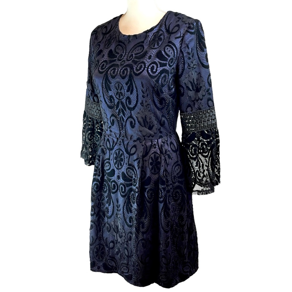 ELIZA J Navy Black Sheer Lace Dress 4 Dark Romantic Coquette Ruffles‎ Rococo
